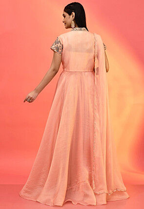 Hand Embroidered Tissue Abaya Style Suit in Peach