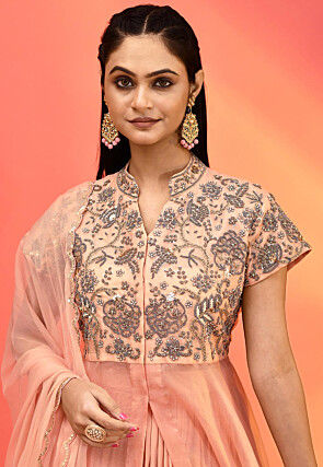 Hand Embroidered Tissue Abaya Style Suit in Peach