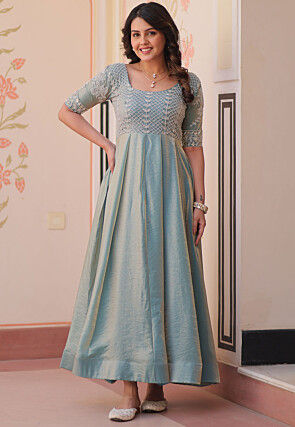 Hand Embroidered Tissue Gown in Blue