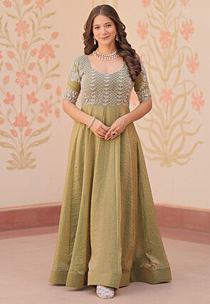 Hand Embroidered Tissue Gown in Olive Green
