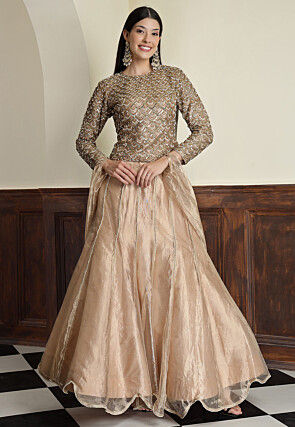 Hand Embroidered Tissue Lehenga in Golden