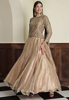Hand Embroidered Tissue Lehenga in Golden