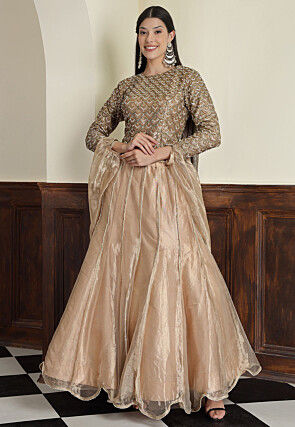 Hand Embroidered Tissue Lehenga in Golden