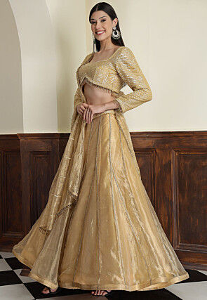 Hand Embroidered Tissue Lehenga in Light Golden