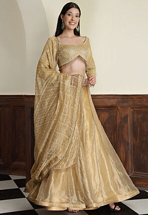 Hand Embroidered Tissue Lehenga in Light Golden