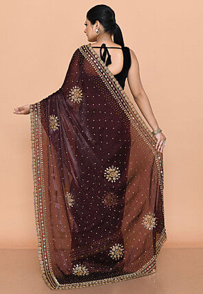 Hand Embroidered Tissue Organza Scalloped Saree in Brown