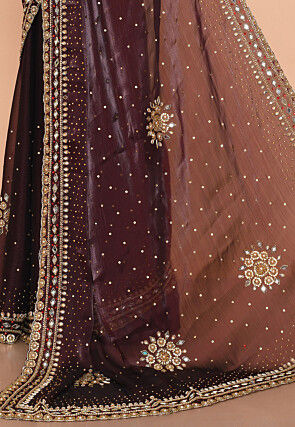 Hand Embroidered Tissue Organza Scalloped Saree in Brown