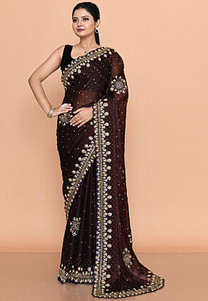 Hand Embroidered Tissue Organza Scalloped Saree in Dark Brown
