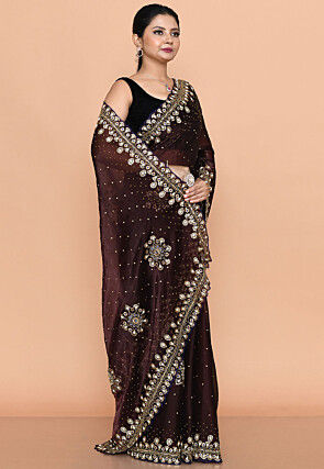 Hand Embroidered Tissue Organza Scalloped Saree in Dark Brown