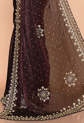 Hand Embroidered Tissue Organza Scalloped Saree in Dark Brown
