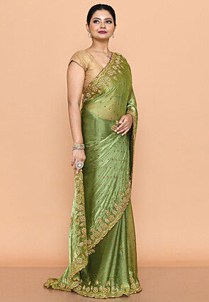 Hand Embroidered Tissue Organza Scalloped Saree in Olive Green