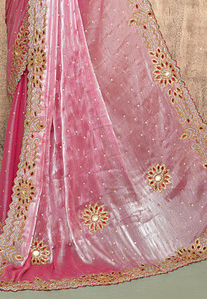 Hand Embroidered Tissue Organza Scalloped Saree in Pink