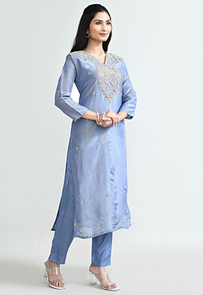 Hand Embroidered Tissue Pakistani Suit in Pastel Blue