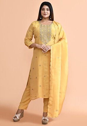 Hand Embroidered Tissue Pakistani Suit in Yellow