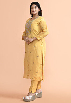 Hand Embroidered Tissue Pakistani Suit in Yellow