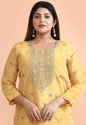 Hand Embroidered Tissue Pakistani Suit in Yellow