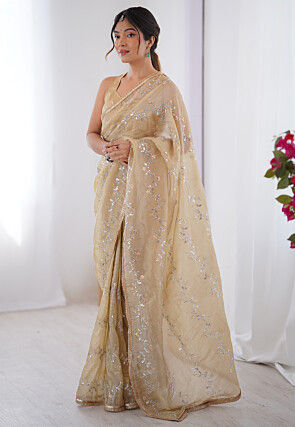 Hand Embroidered Tissue Saree in Beige
