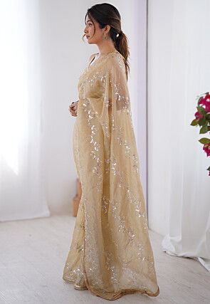 Hand Embroidered Tissue Saree in Beige