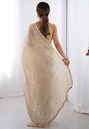 Hand Embroidered Tissue Saree in Beige