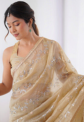 Hand Embroidered Tissue Saree in Beige