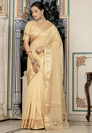 Hand Embroidered Tissue Saree in Beige