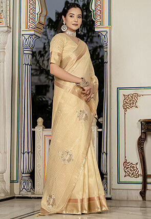 Hand Embroidered Tissue Saree in Beige