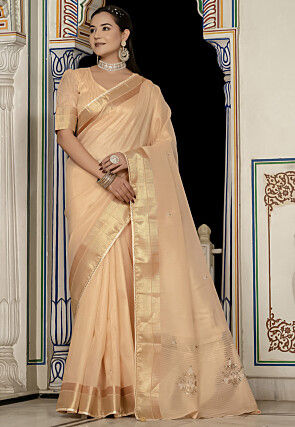 Hand Embroidered Tissue Saree in Beige