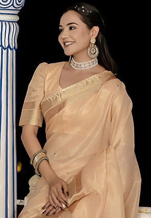Hand Embroidered Tissue Saree in Beige