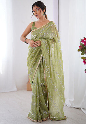 Hand Embroidered Tissue Saree in Green