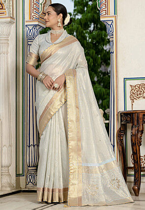 Hand Embroidered Tissue Saree in Light Grey