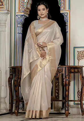 Hand Embroidered Tissue Saree in Off White