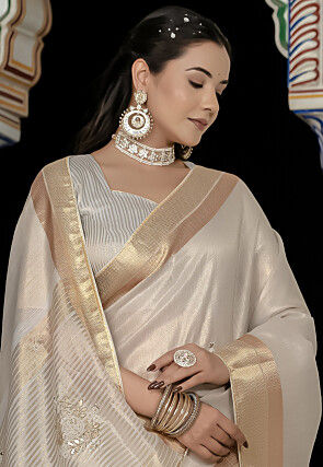 Hand Embroidered Tissue Saree in Off White
