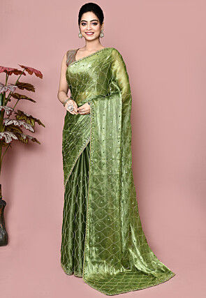 Hand Embroidered Tissue Saree in Olive Green