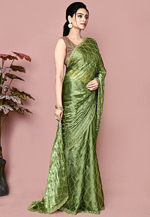 Hand Embroidered Tissue Saree in Olive Green