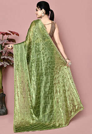 Hand Embroidered Tissue Saree in Olive Green