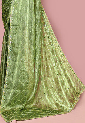 Hand Embroidered Tissue Saree in Olive Green