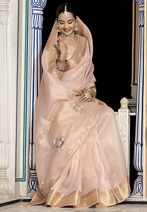 Hand Embroidered Tissue Saree in Peach