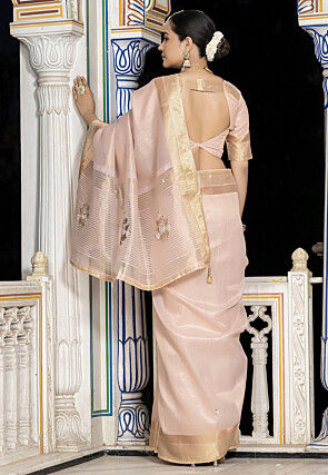 Hand Embroidered Tissue Saree in Peach