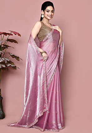 Hand Embroidered Tissue Saree in Pink