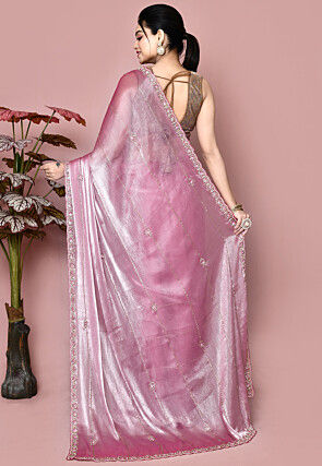 Hand Embroidered Tissue Saree in Pink