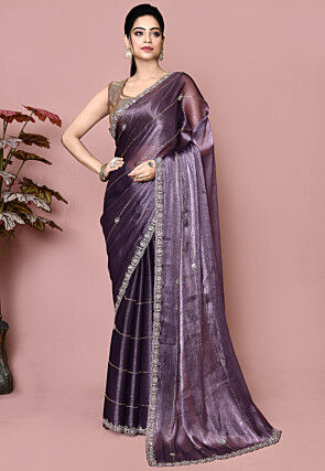 Hand Embroidered Tissue Saree in Purple