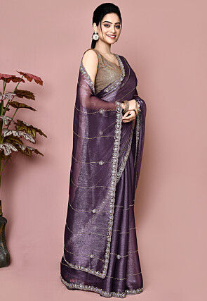 Hand Embroidered Tissue Saree in Purple