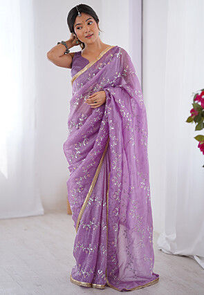 Hand Embroidered Tissue Saree in Purple