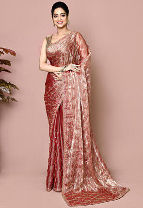 Hand Embroidered Tissue Saree in Rose Gold