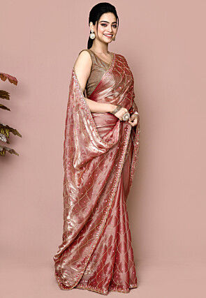 Hand Embroidered Tissue Saree in Rose Gold