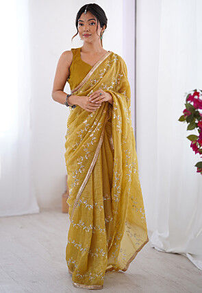 Hand Embroidered Tissue Saree in Yellow