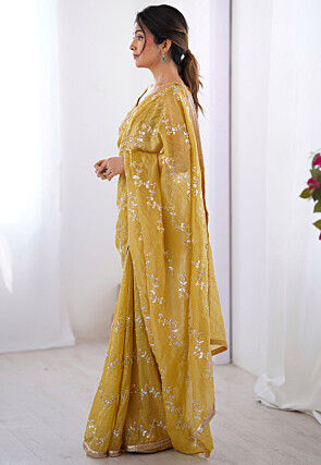 Hand Embroidered Tissue Saree in Yellow