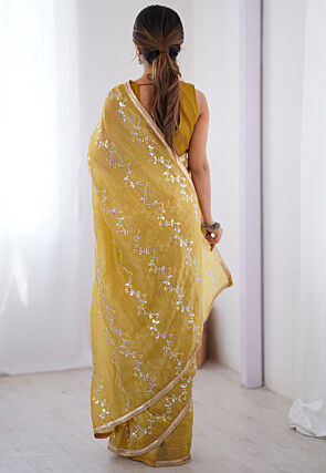 Hand Embroidered Tissue Saree in Yellow