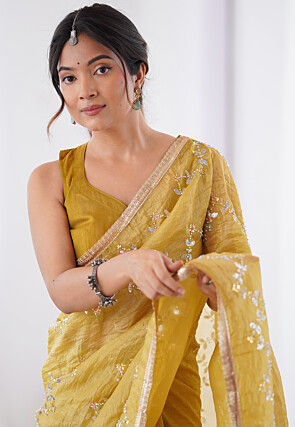 Hand Embroidered Tissue Saree in Yellow