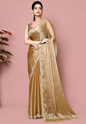 Hand Embroidered Tissue Scalloped Saree in Beige